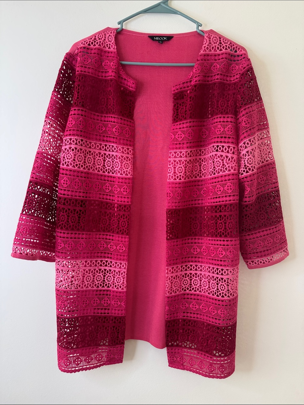 MISOOK Striped Crochet Open-Front Cardigan in Pink & Deep Rose